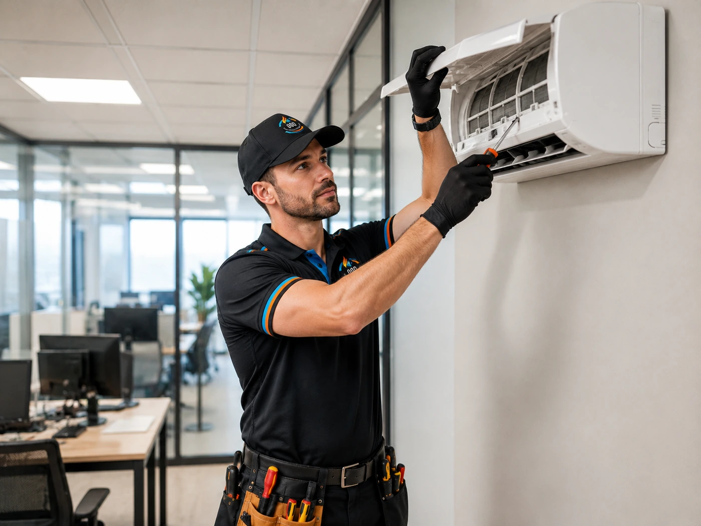Commercial air conditioning technician working in a Sydney business