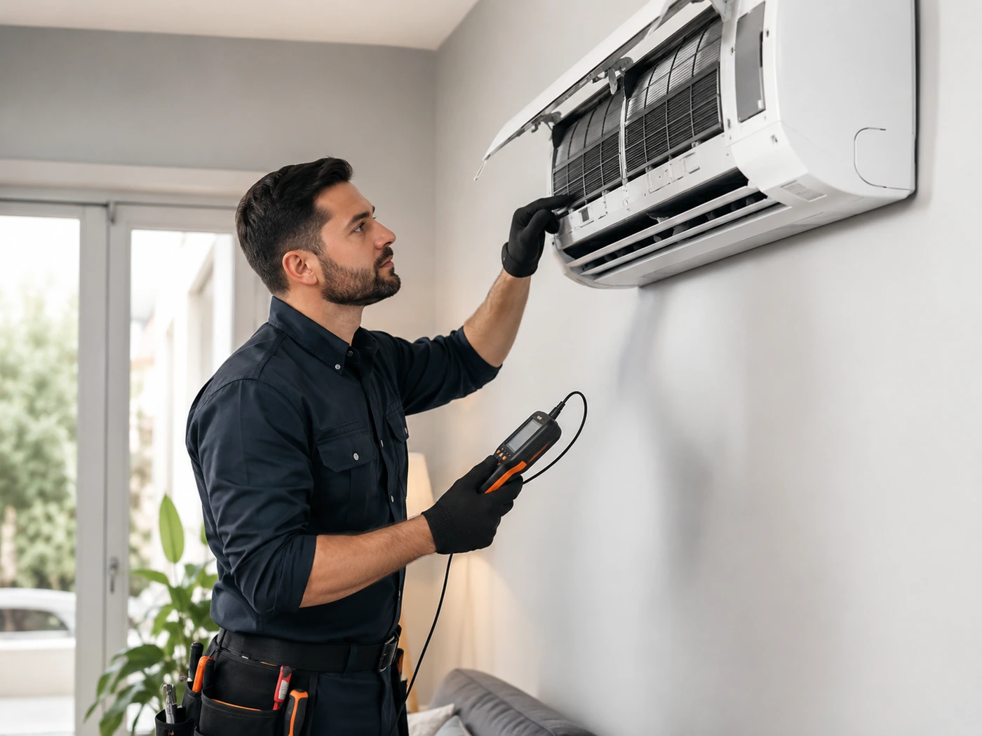 Technician repairing a commercial rooftop air conditioning unit with exposed internal components Select 88 more words to run Humanizer.
