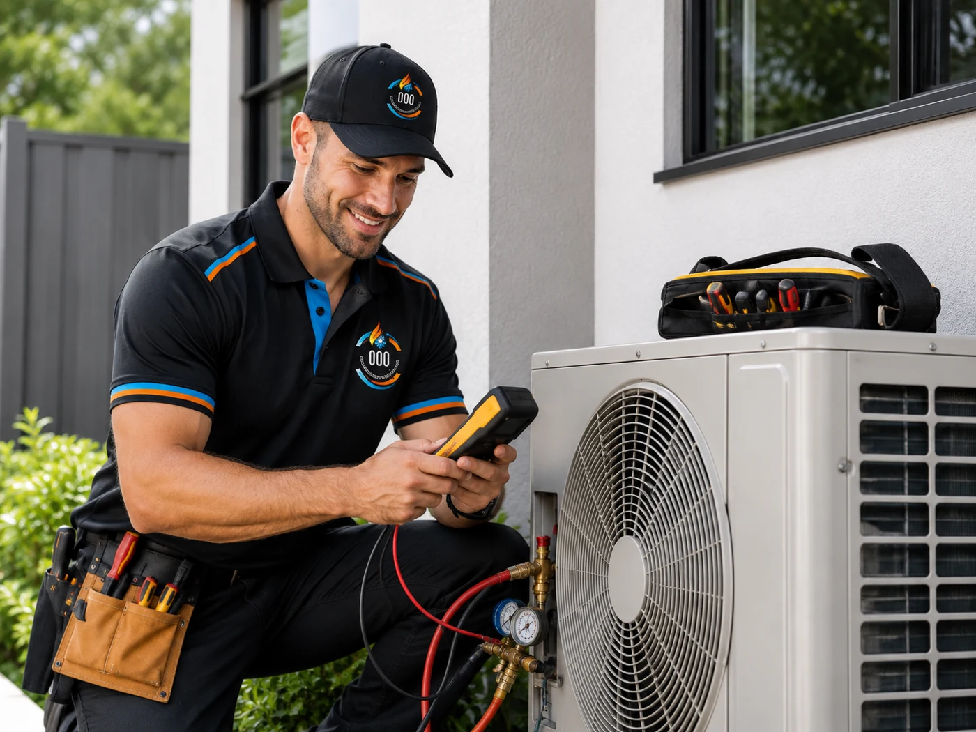 HVAC technician performing air conditioning maintenance