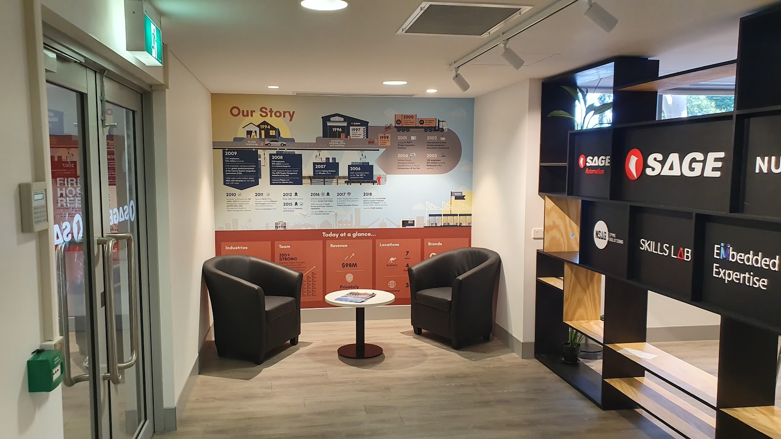 SAGE Automation office lobby with company timeline history wall