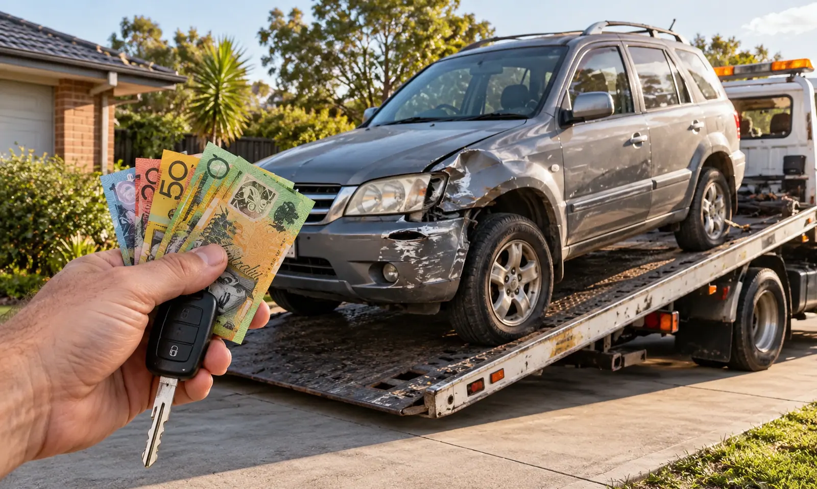 Professional car removal service loading unwanted vehicle onto tow truck in Warwick